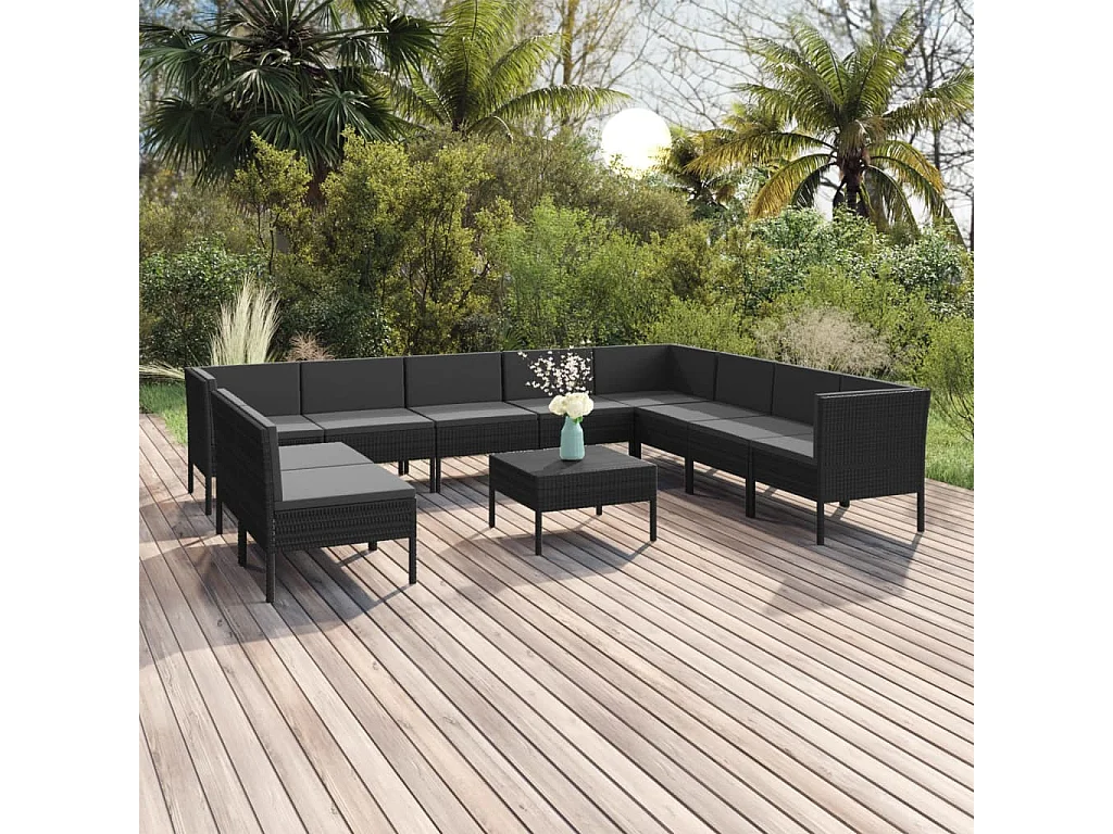 Salon de jardin 11 pcs avec coussins Résine tressée Noir 27