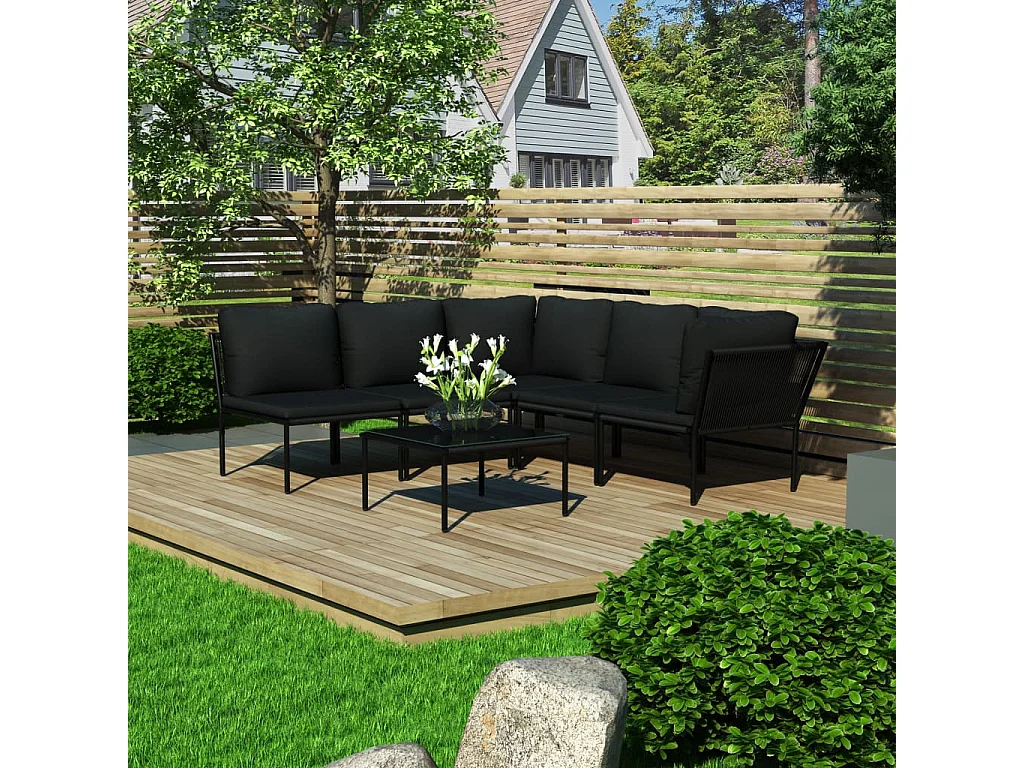 Salon de jardin 6 pcs avec coussins Noir PVC