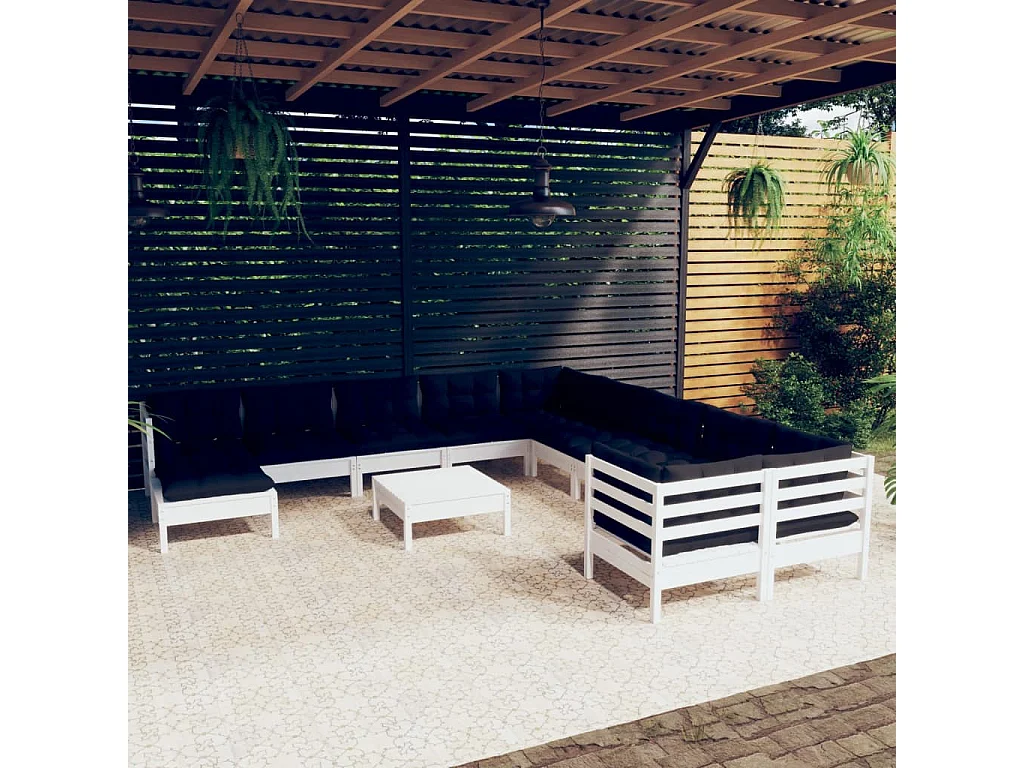 Salon de jardin 12 pcs avec coussins Blanc Bois de pin
