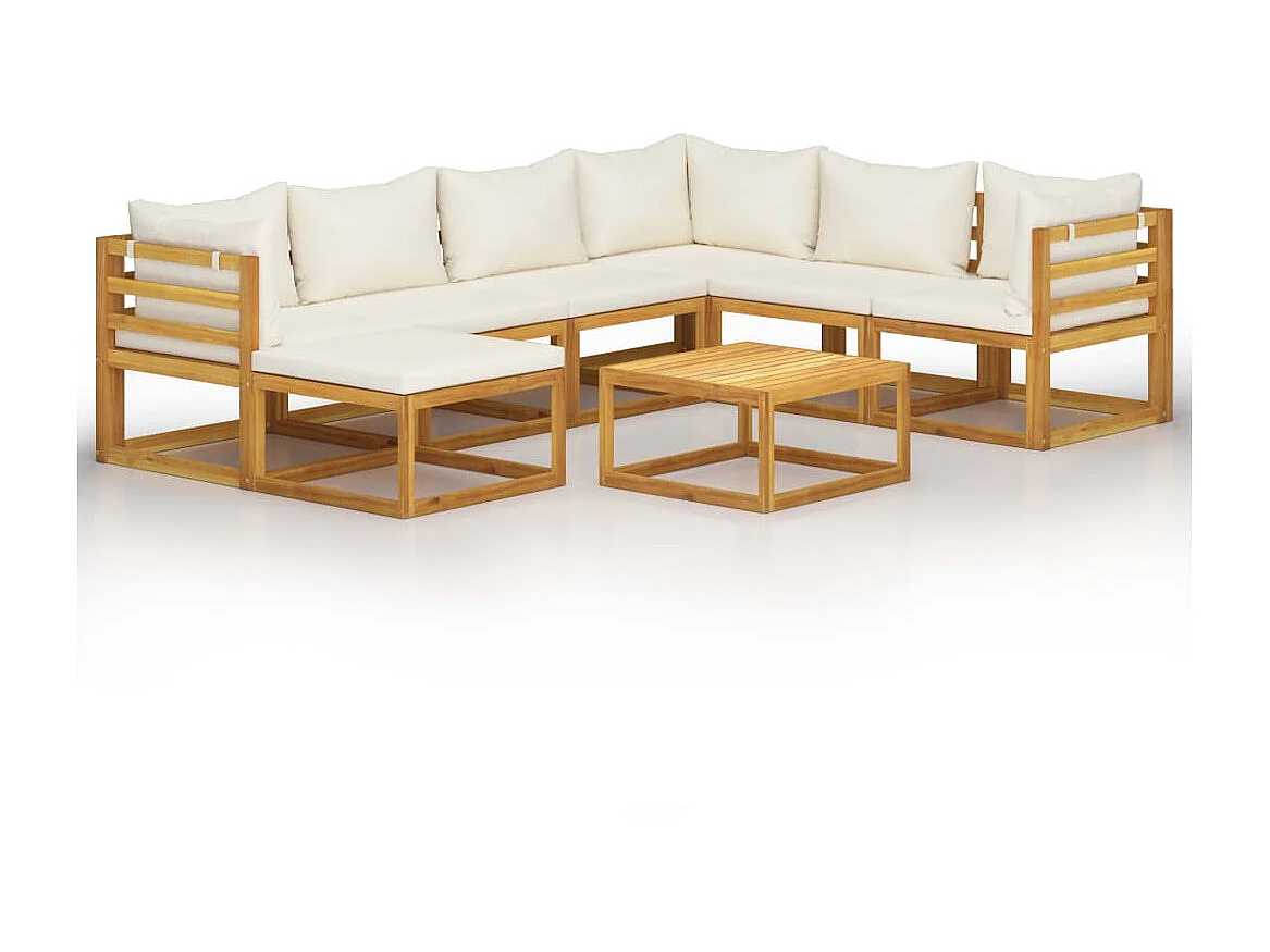 Salon de jardin 8 pcs avec coussin Crème Bois d'acacia solide 3