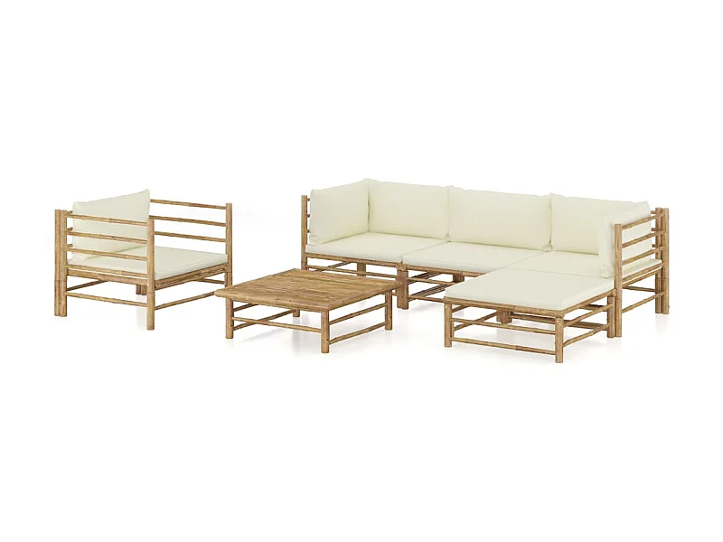 Salon de jardin 6 pcs avec coussins blanc crème Bambou