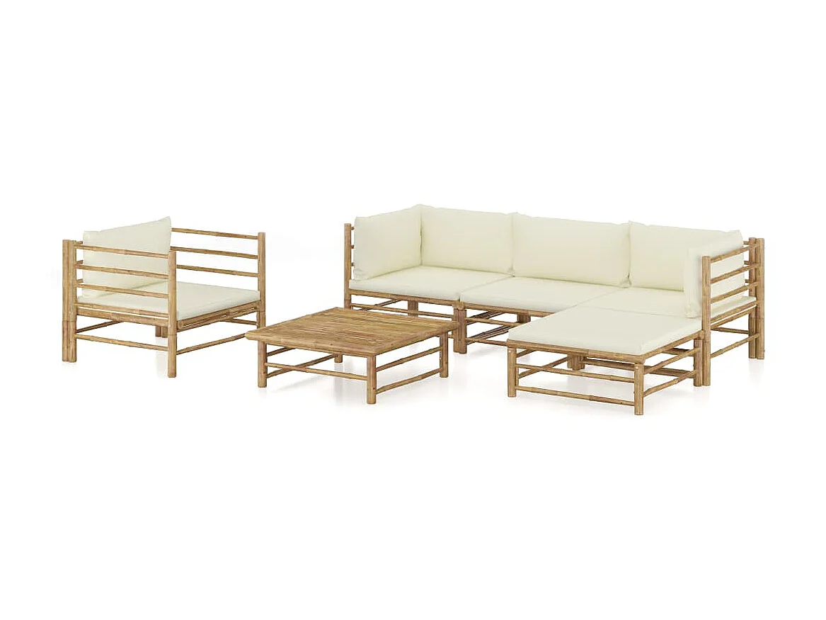 Salon de jardin 6 pcs avec coussins blanc crème Bambou