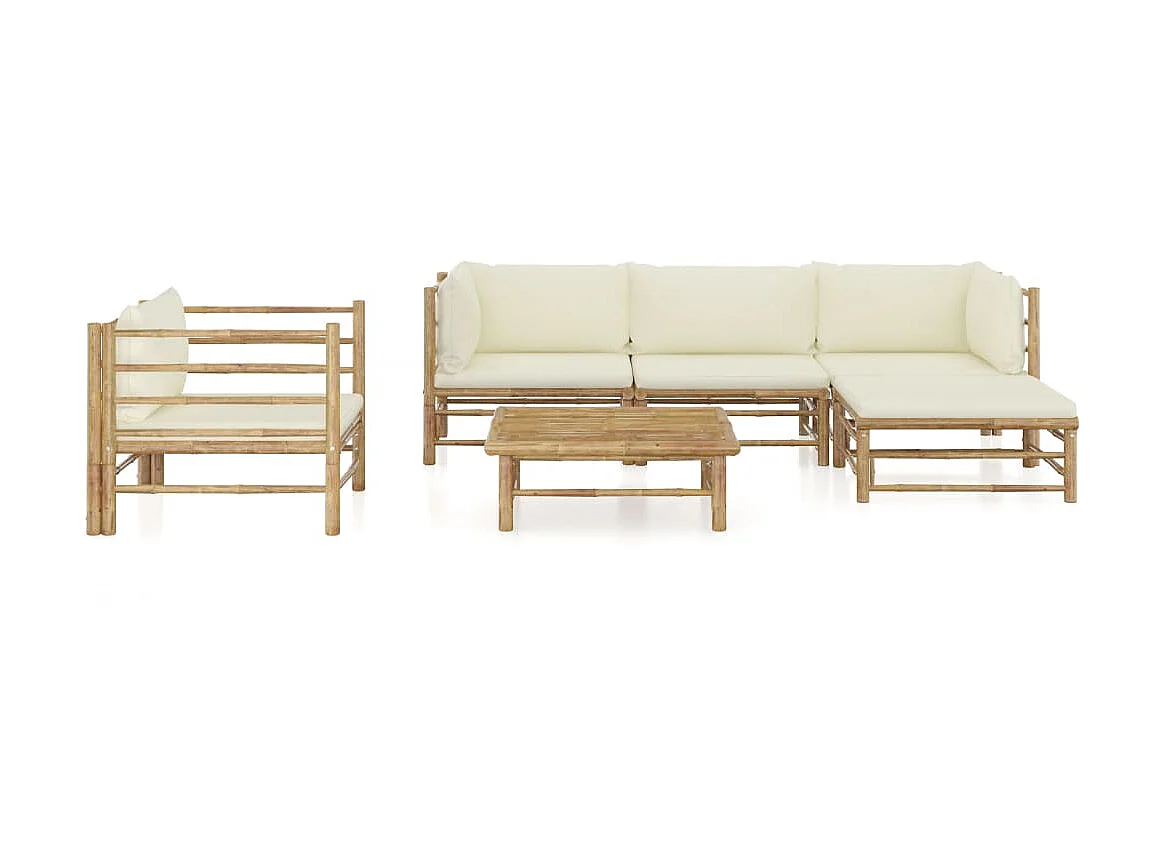 Salon de jardin 6 pcs avec coussins blanc crème Bambou