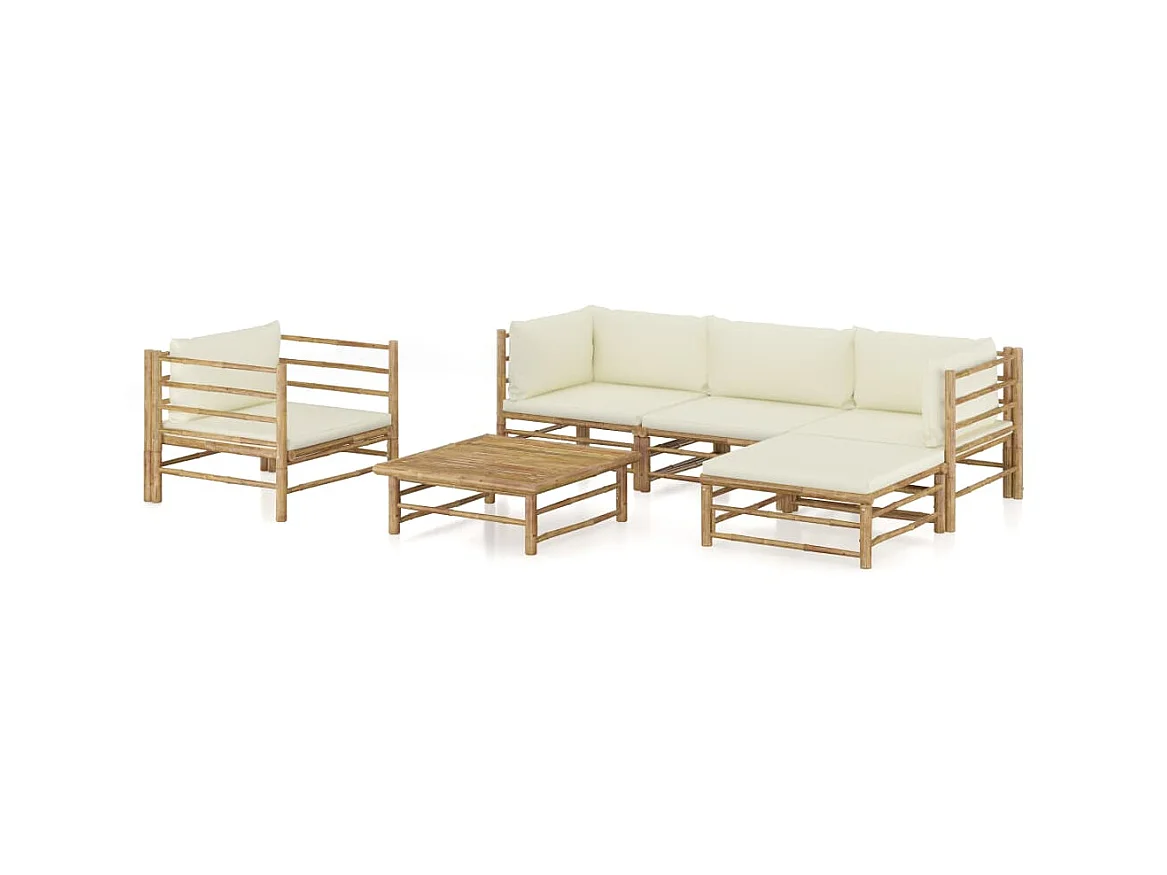 Salon de jardin 6 pcs avec coussins blanc crème Bambou