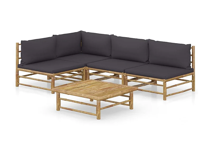 Salon de jardin 5 pcs avec coussins gris foncé Bambou 4