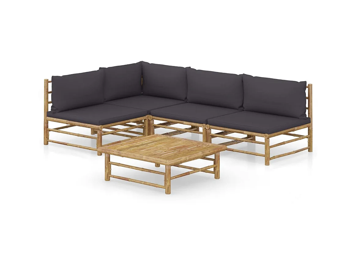 Salon de jardin 5 pcs avec coussins gris foncé Bambou 4