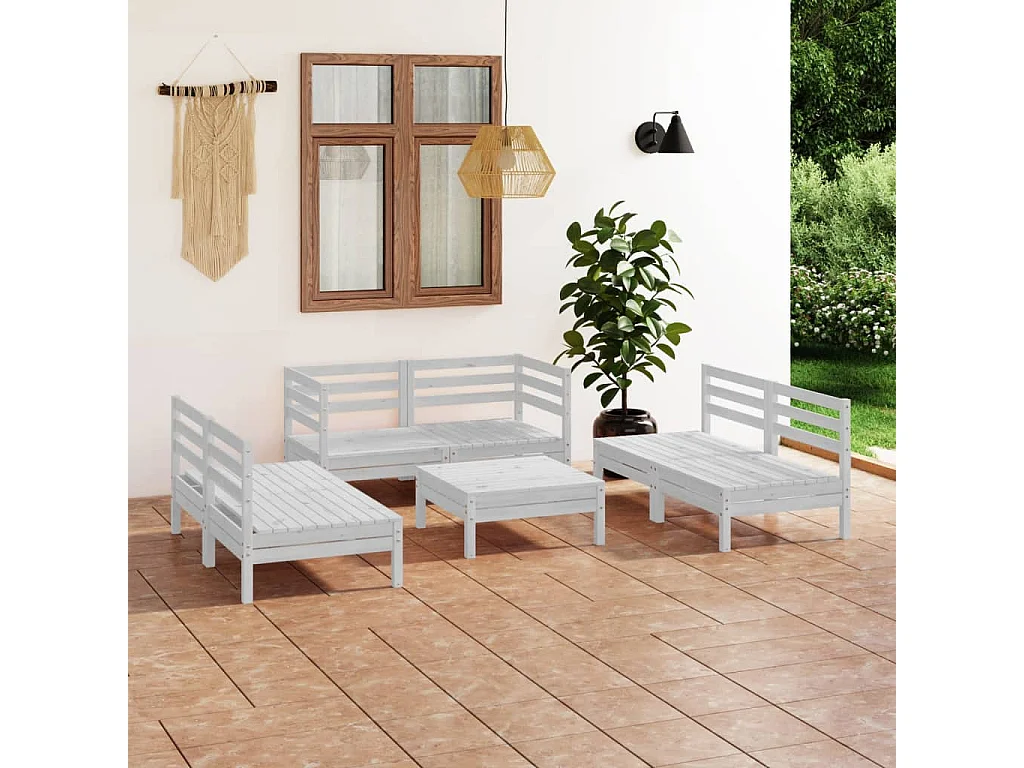 Salon de jardin 7 pcs Blanc Bois de pin massif 28