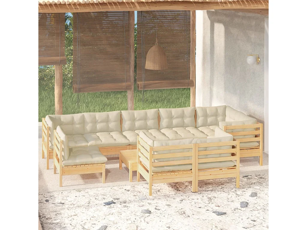 Salon de jardin 10 pcs avec coussins crème Bois de pin massif 2