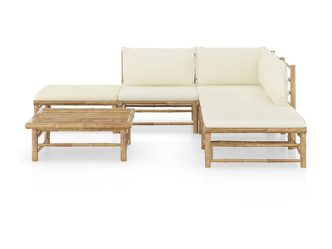 Salon de jardin 6 pcs avec coussins blanc crème Bambou 2