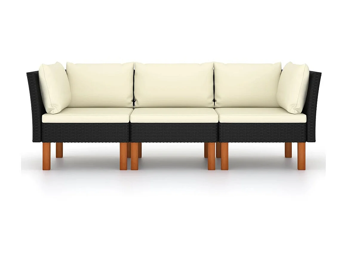 Canapé de jardin à 3 places avec coussins Noir Résine tressée