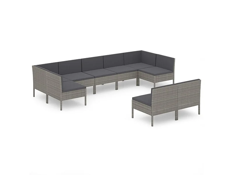 Salon de jardin 9 pcs avec coussins Résine tressée Gris 50