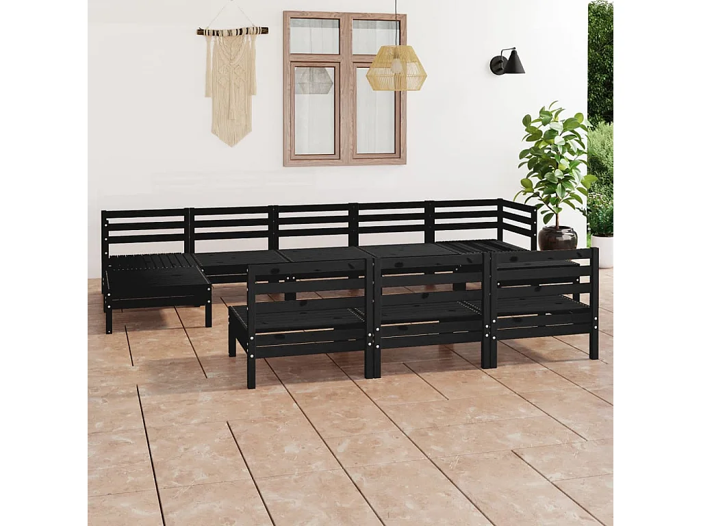 Salon de jardin 10 pcs Noir Bois de pin massif 14