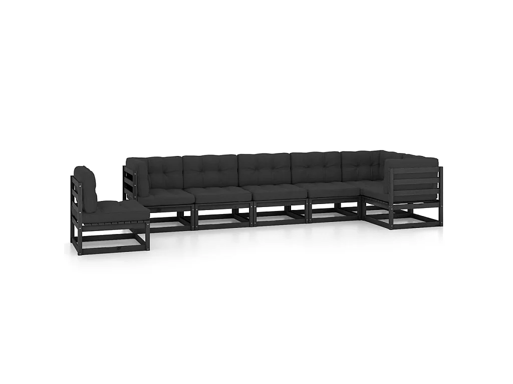Juego de muebles de jardín 7 pzas y cojines madera maciza pino Negro