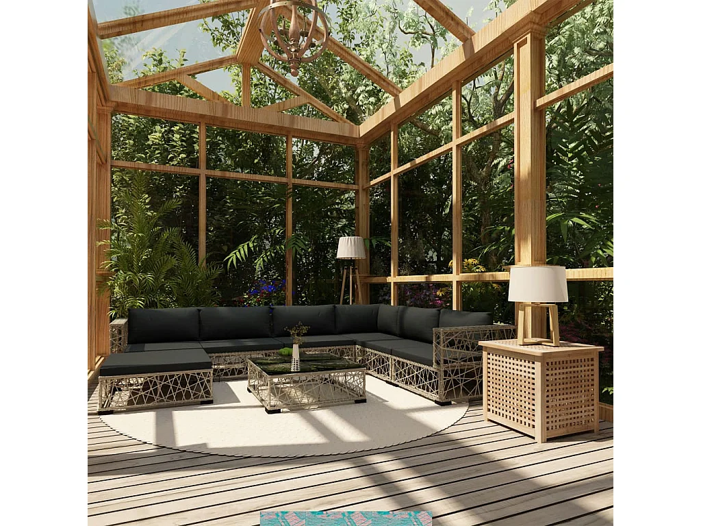 Salon de jardin 8 pcs avec coussins Résine tressée Gris 22