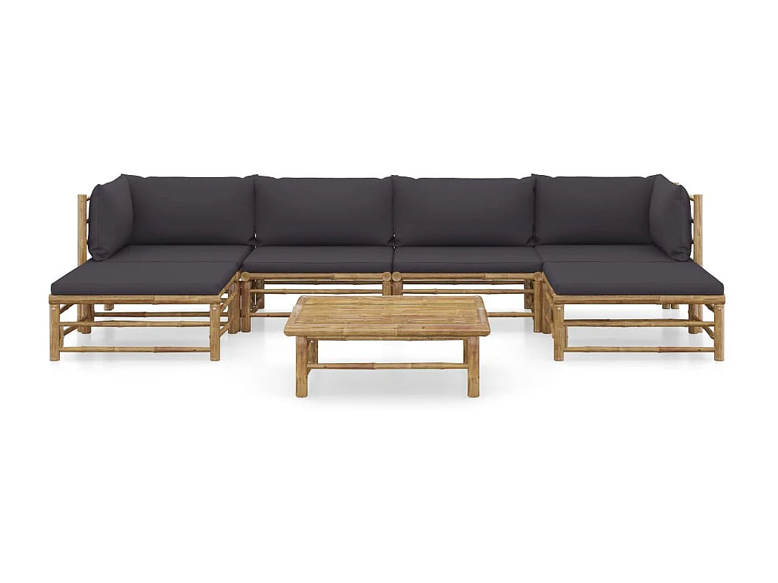 Salon de jardin 7 pcs avec coussins gris foncé Bambou 4