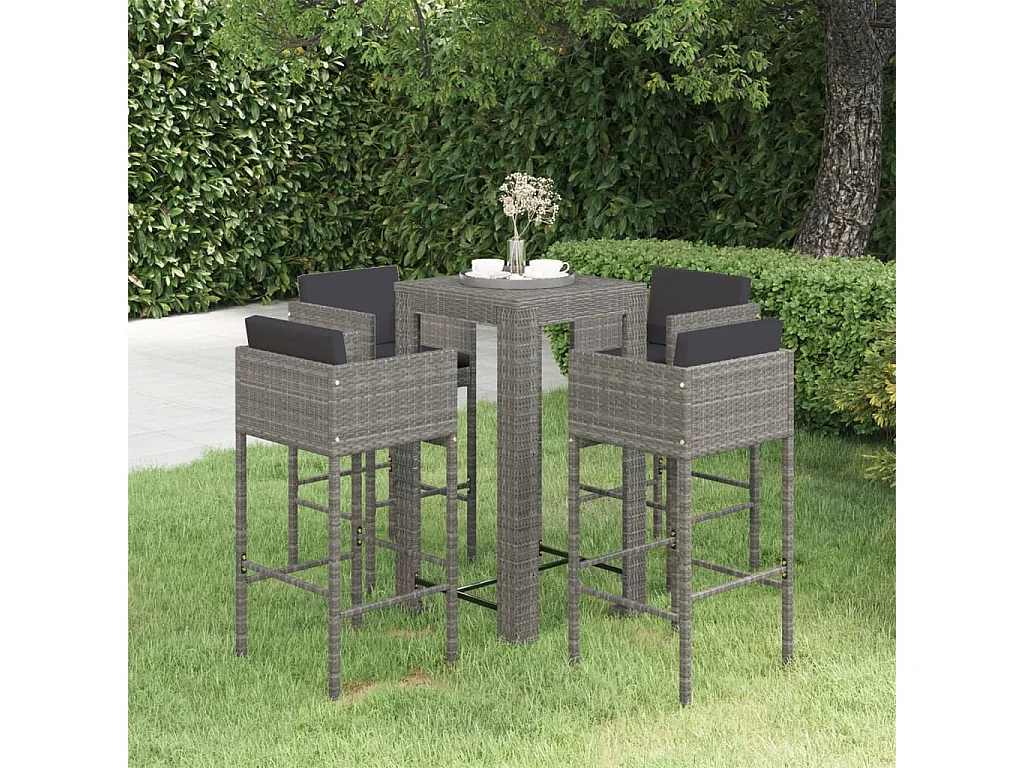 Ensemble de bar de jardin 5 pcs et coussins Résine tressée Gris 14
