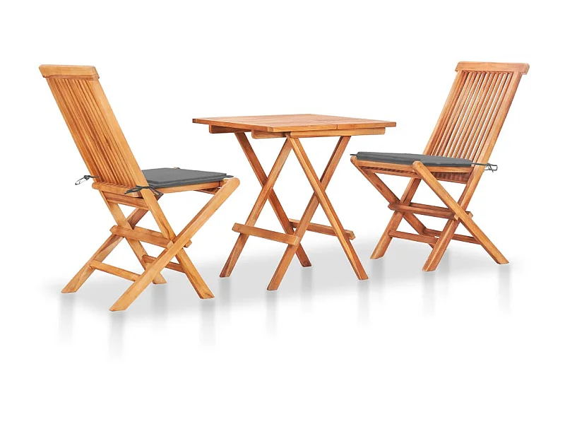 Ensemble de bistro 3 pcs avec coussins gris Bois de teck massif