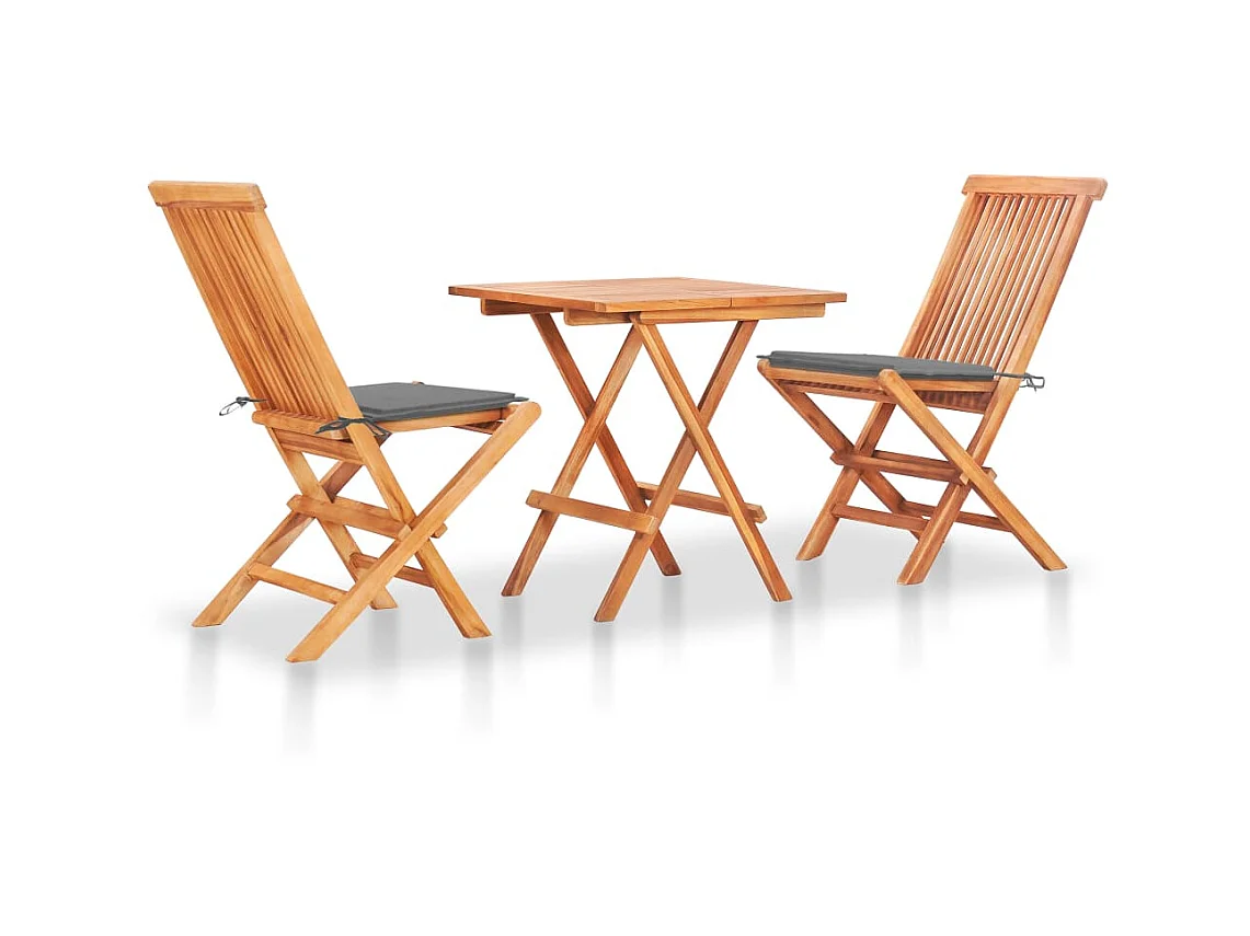 Ensemble de bistro 3 pcs avec coussins gris Bois de teck massif