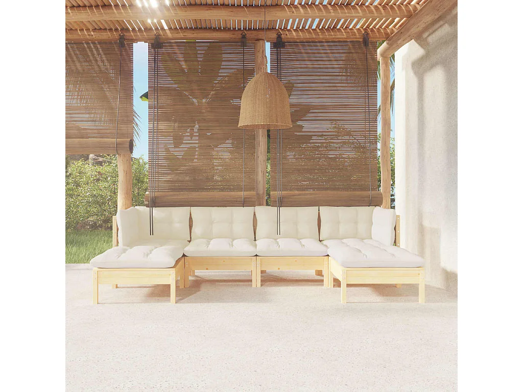 Salon de jardin 6 pcs avec coussins crème Bois de pin 7