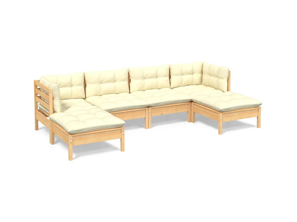 Salon de jardin 6 pcs avec coussins crème Bois de pin 7