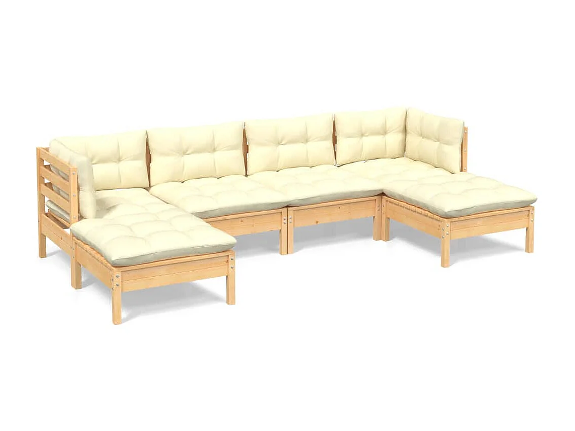Salon de jardin 6 pcs avec coussins crème Bois de pin 7