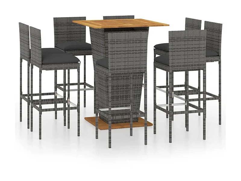 Ensemble de bar de jardin 9 pcs et coussins Résine tressée Gris 3