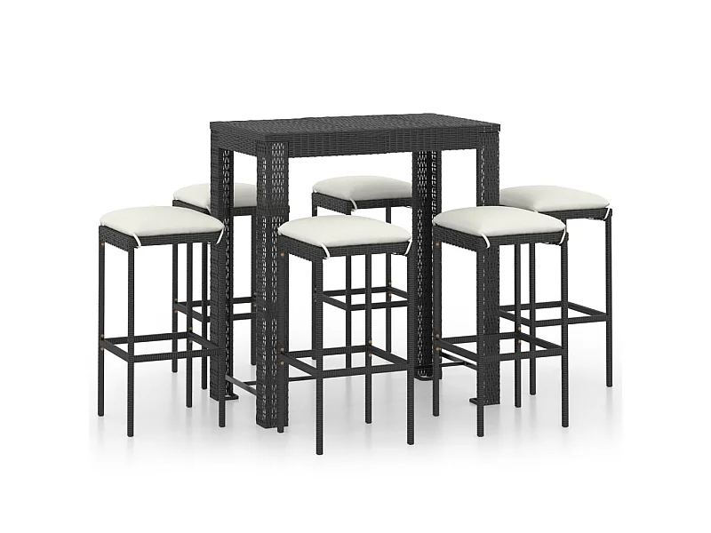 Ensemble de bar de jardin 7 pcs et coussins Résine tressée Noir 2