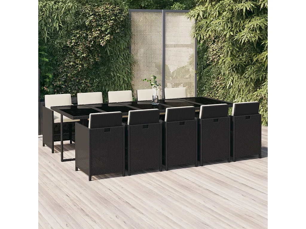 Ensemble à dîner de jardin coussins 11 pcs Résine tressée Noir
