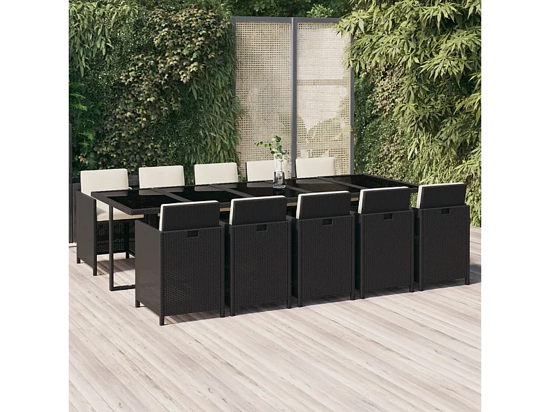 Ensemble à dîner de jardin coussins 11 pcs Résine tressée Noir