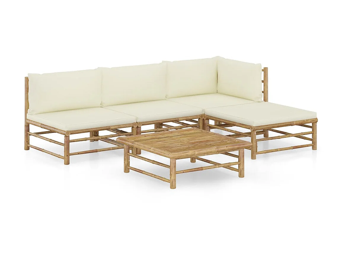 Salon de jardin 5 pcs avec coussins blanc crème Bambou