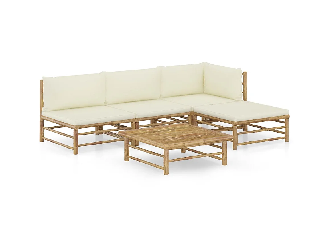 Salon de jardin 5 pcs avec coussins blanc crème Bambou