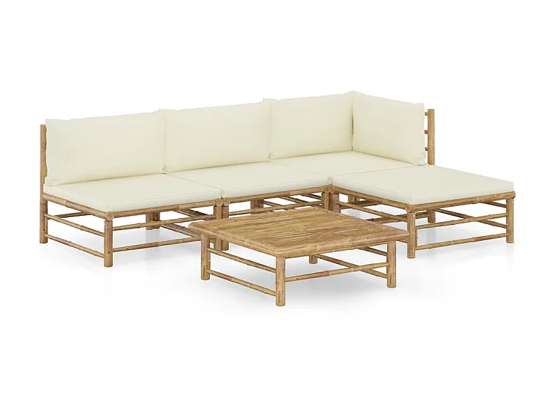 Salon de jardin 5 pcs avec coussins blanc crème Bambou