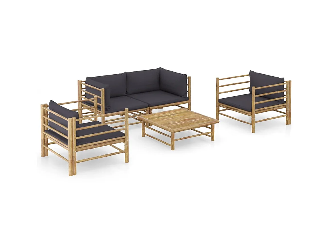 Salon de jardin 5 pcs avec coussins gris foncé Bambou 3