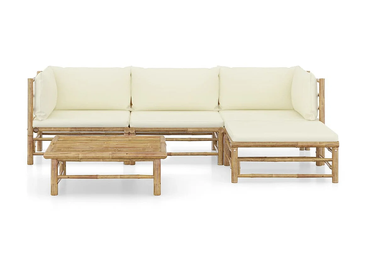 Salon de jardin 5 pcs avec coussins blanc crème Bambou 2