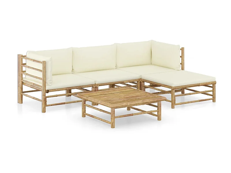 Salon de jardin 5 pcs avec coussins blanc crème Bambou 2