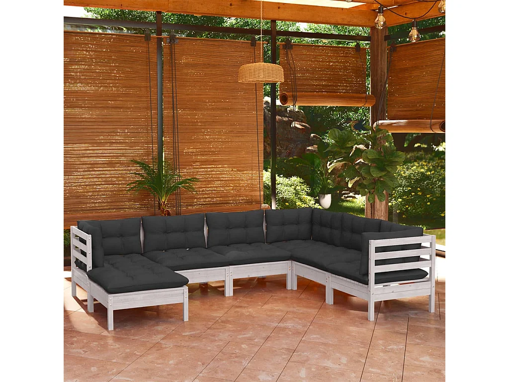 Salon de jardin 7 pcs avec coussins Blanc Bois de pin solide