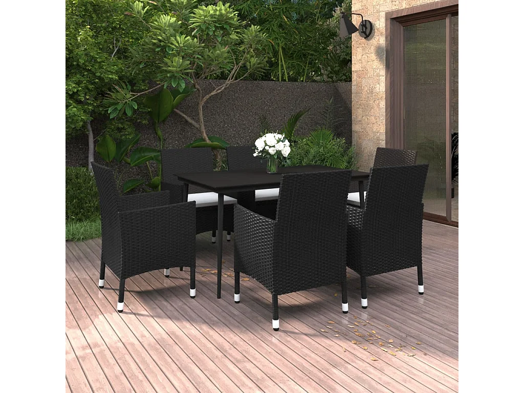 Mobilier à dîner de jardin coussins 7 pcs Résine tressée Verre