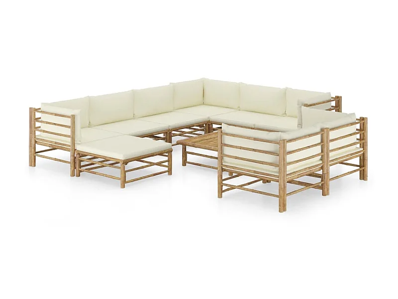 Salon de jardin 10 pcs avec coussins blanc crème Bambou