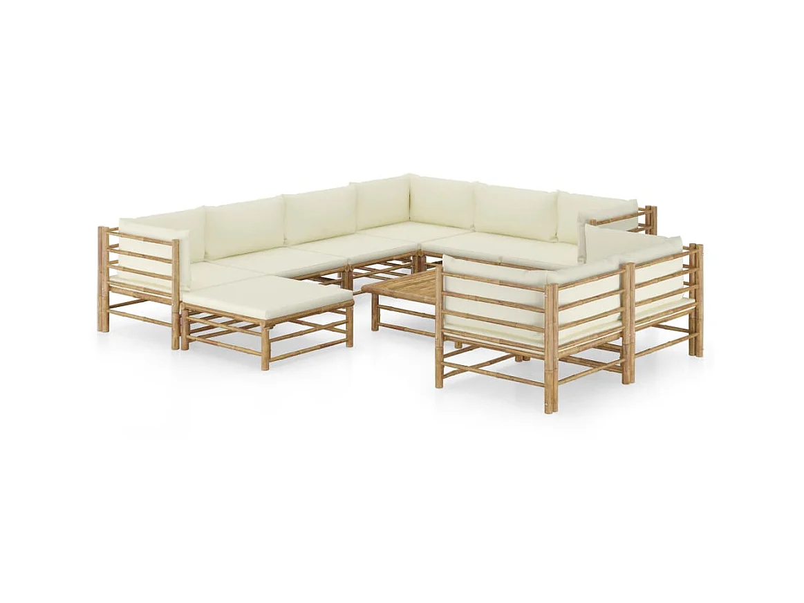 Salon de jardin 10 pcs avec coussins blanc crème Bambou