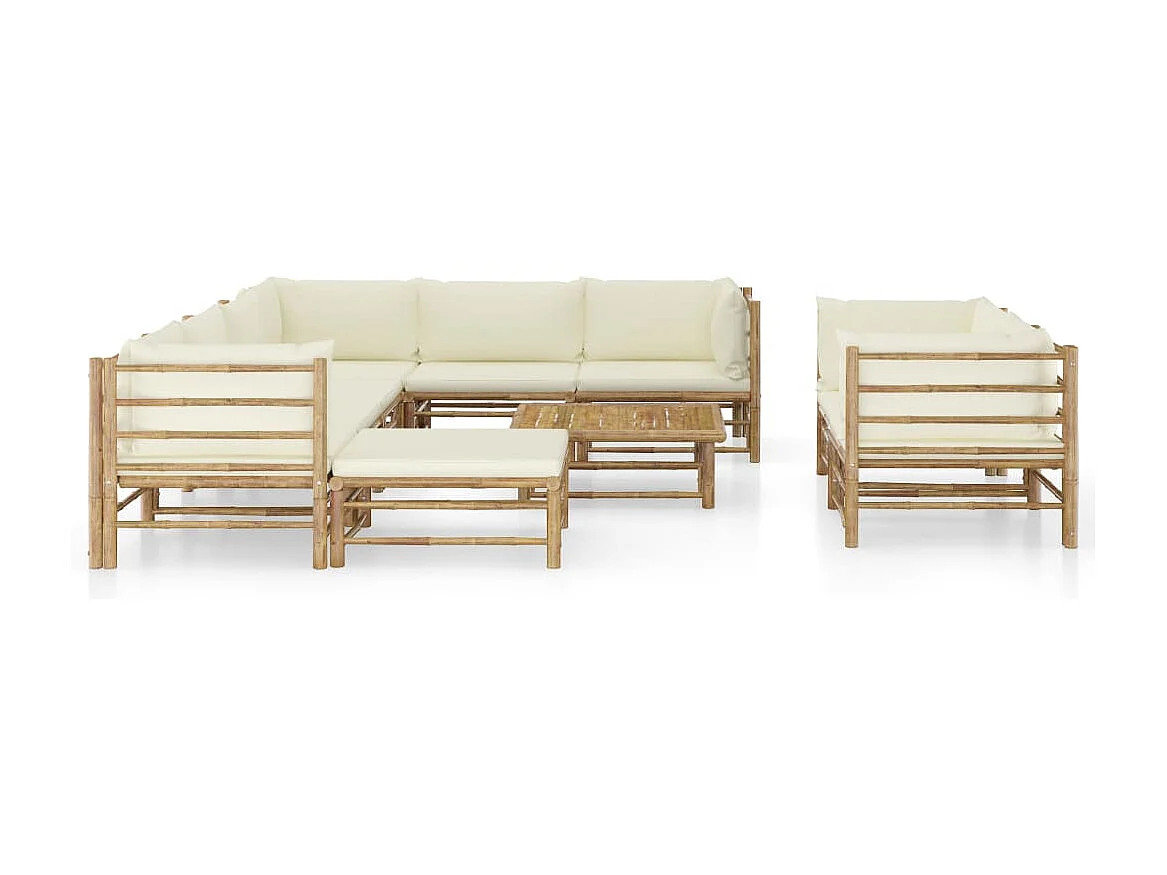 Salon de jardin 10 pcs avec coussins blanc crème Bambou