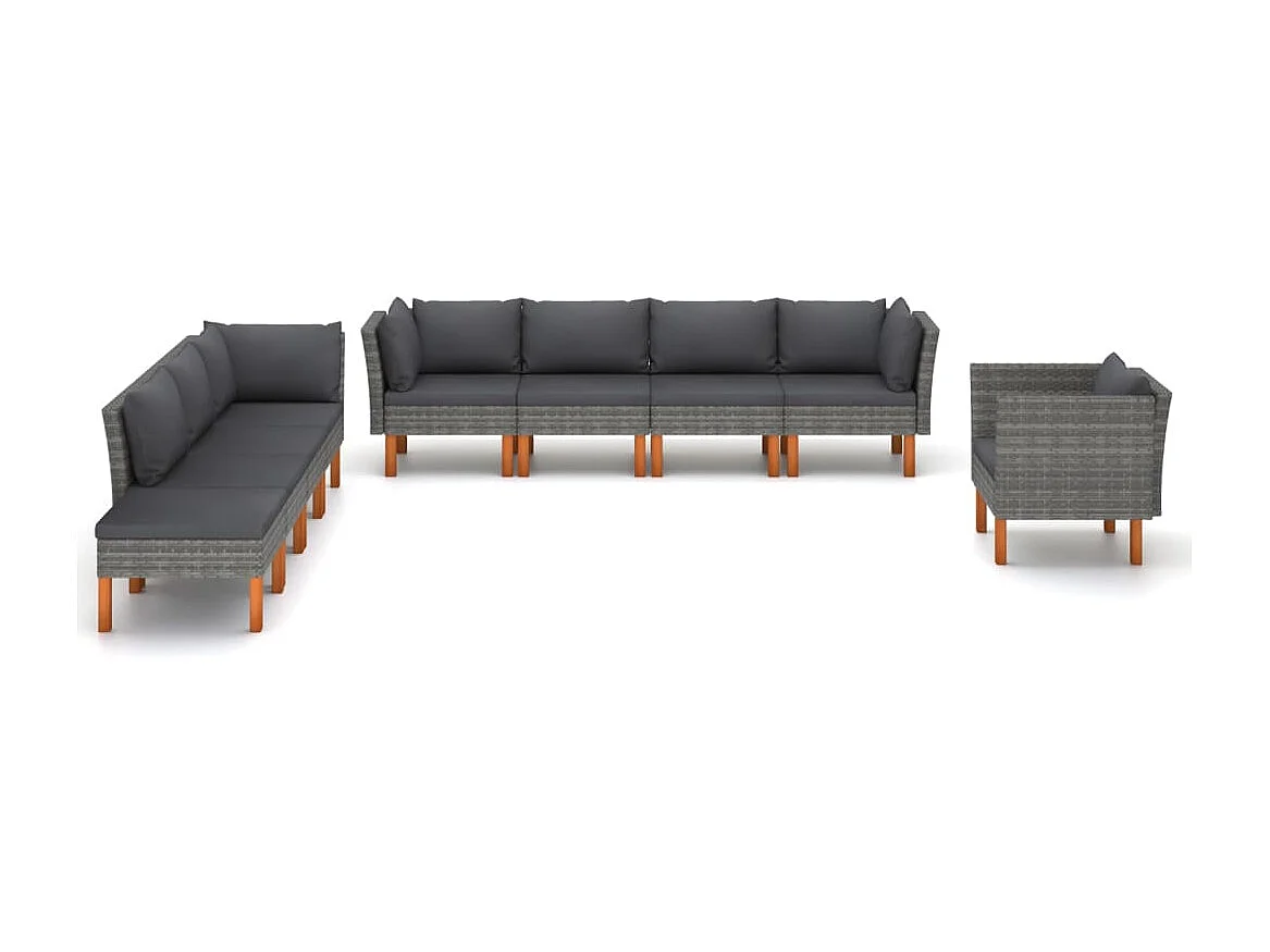 Salon de jardin 9 pcs Résine tressée et bois d'eucalyptus Gris