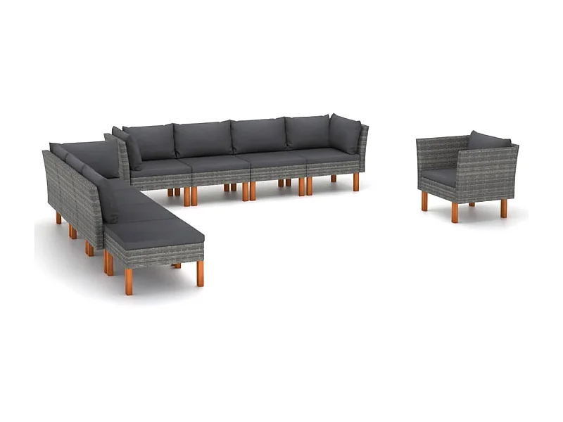 Salon de jardin 9 pcs Résine tressée et bois d'eucalyptus Gris