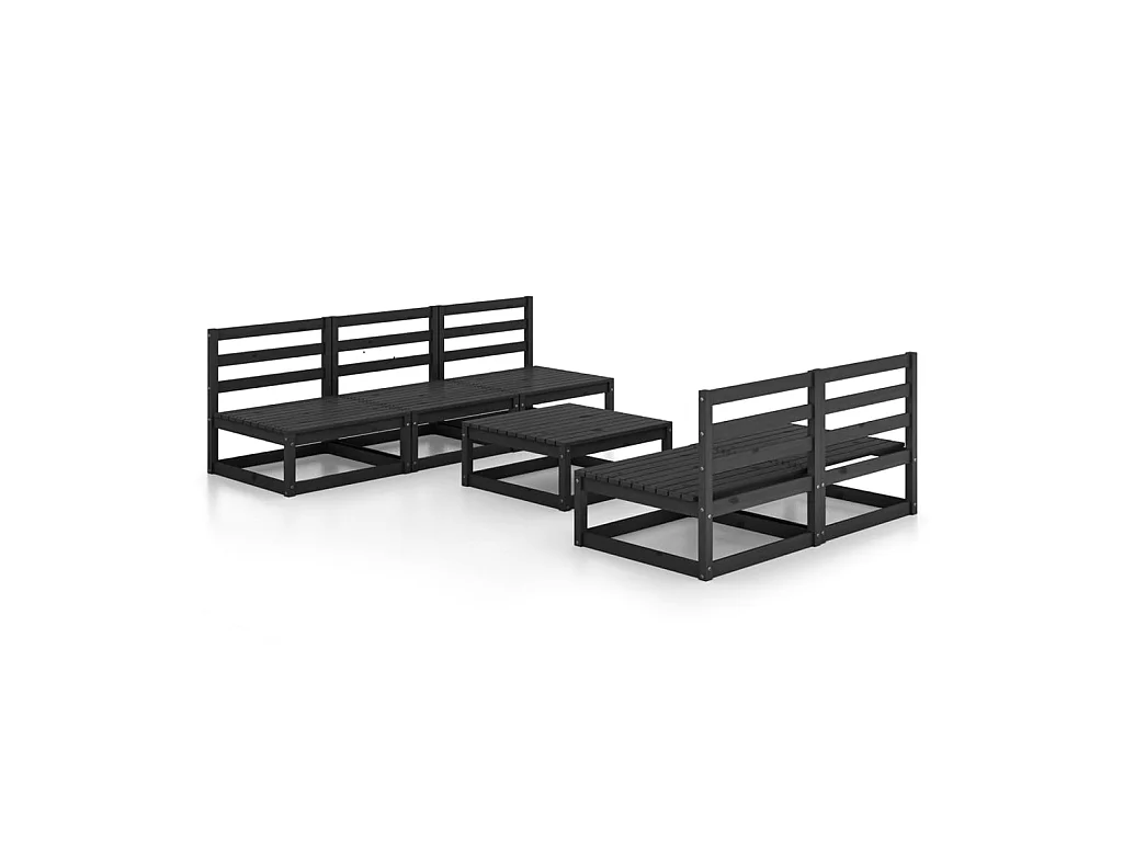 Salon de jardin 6 pcs Noir Bois de pin massif 2