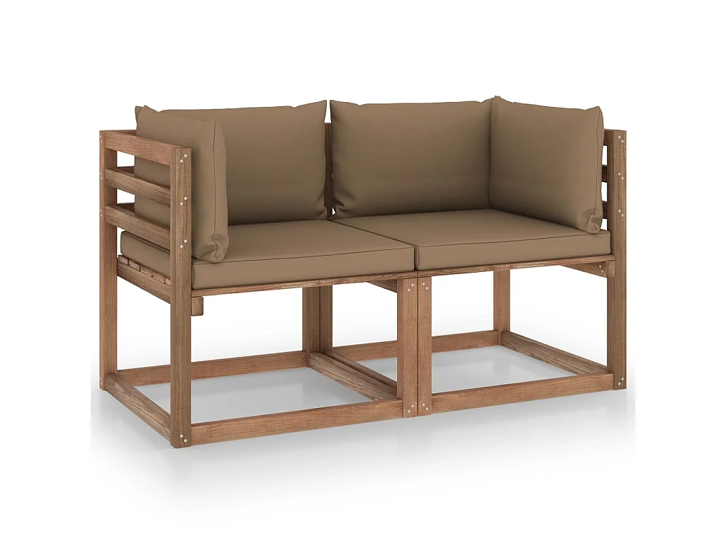 Canapé palette de jardin 2 places et coussins taupe Pinède