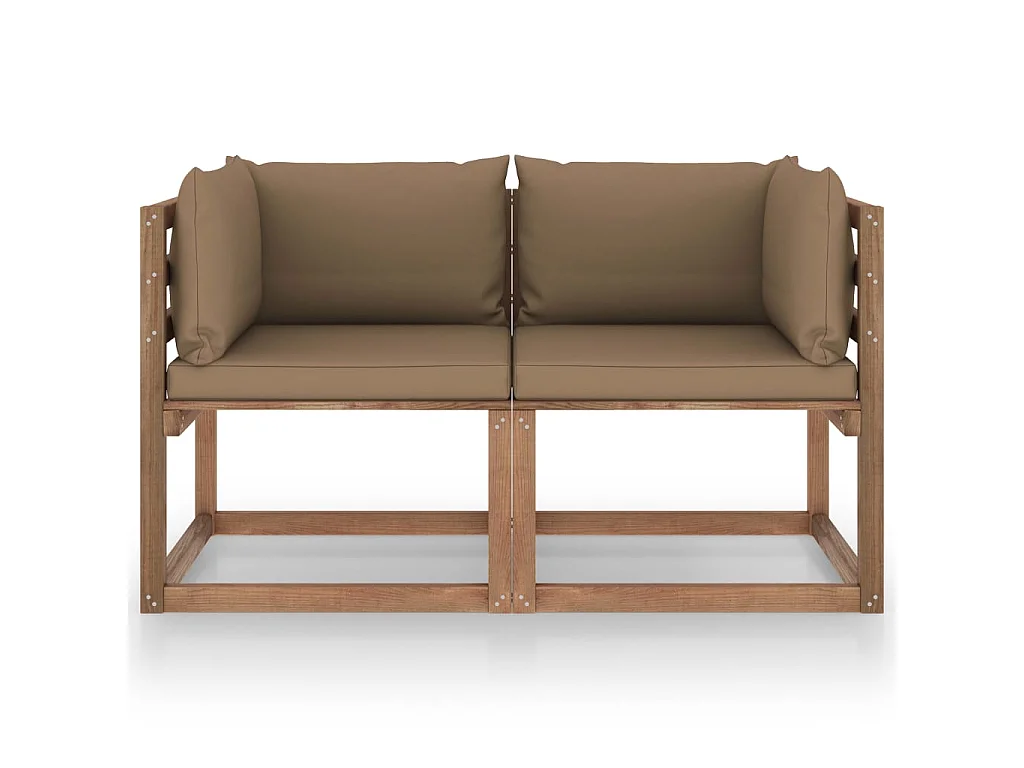 Canapé palette de jardin 2 places et coussins taupe Pinède
