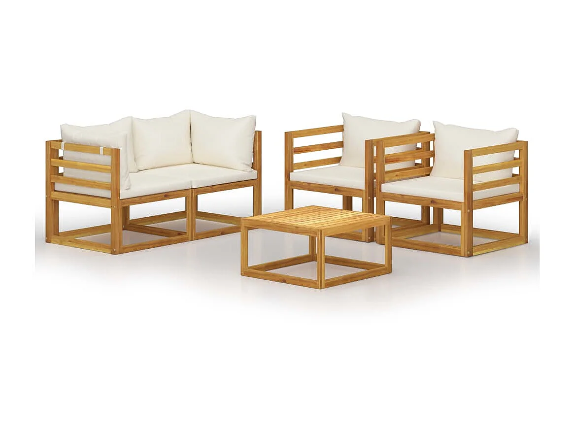 Salon de jardin 5 pcs avec coussin Crème Bois d'acacia solide 4