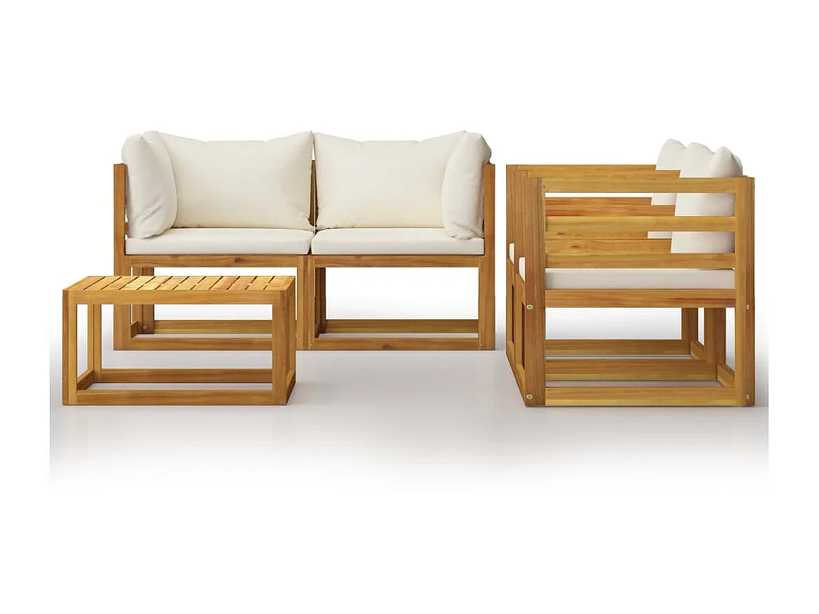 Salon de jardin 5 pcs avec coussin Crème Bois d'acacia solide 4