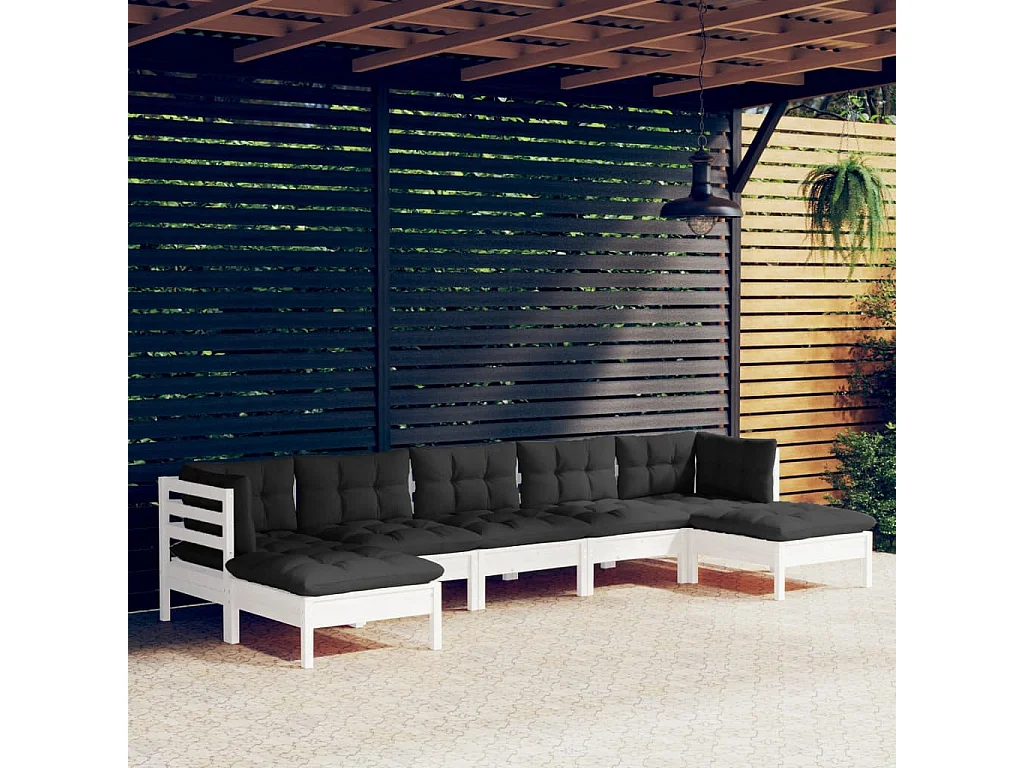 Salon de jardin 7 pcs avec coussins Blanc Bois de pin 3