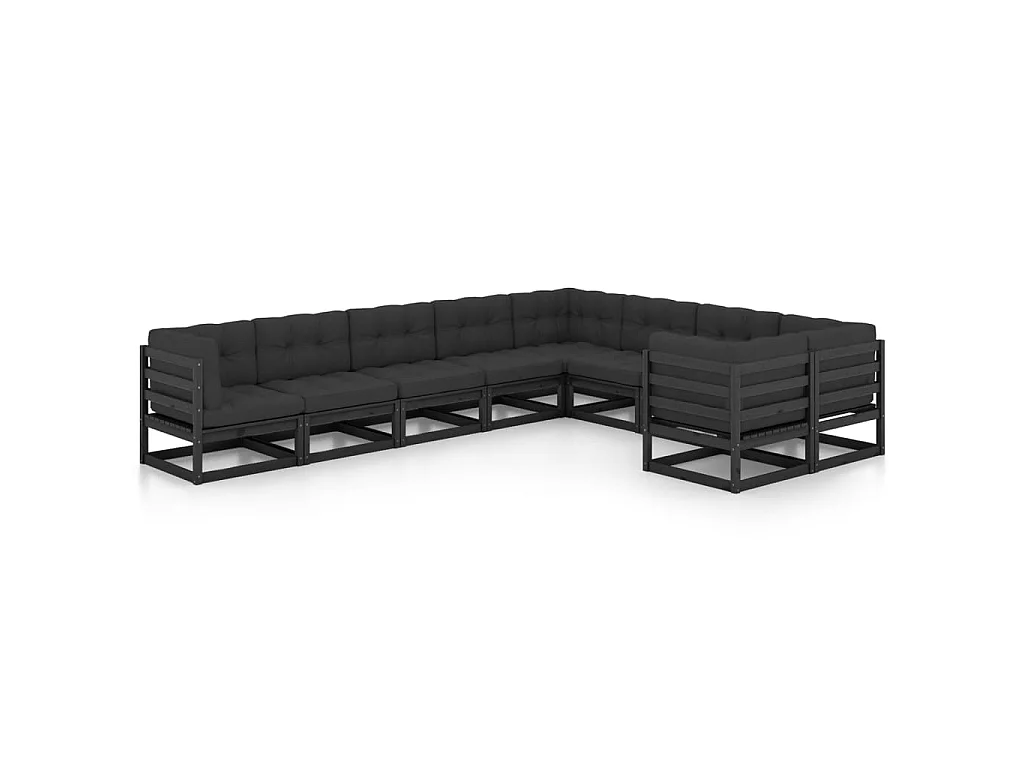 Salon de jardin 9 pcs avec coussins Noir Bois de pin massif 15