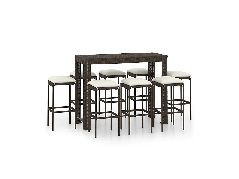 Meuble de bar de jardin 9 pcs et coussins Résine tressée Marron